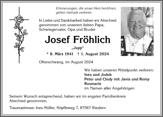 Traueranzeige von Josef Fröhlich von Allgäuer Anzeigeblatt