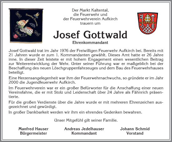 Traueranzeige von Josef Gottwald von Allgäuer Zeitung, Kaufbeuren/Buchloe