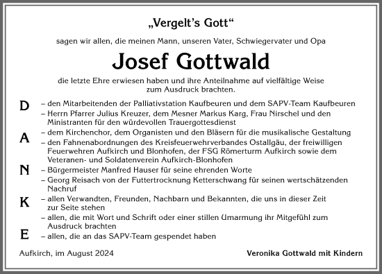Traueranzeige von Josef Gottwald von Allgäuer Zeitung, Kaufbeuren/Buchloe