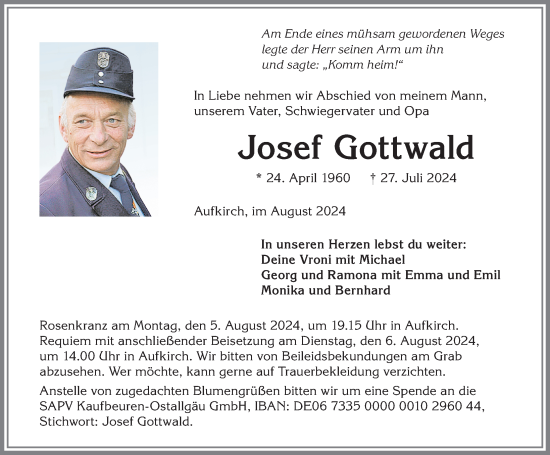 Traueranzeige von Josef Gottwald von Allgäuer Zeitung, Kaufbeuren/Buchloe