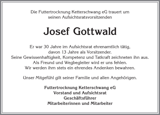 Traueranzeige von Josef Gottwald von Mindelheimer Zeitung, Landsberger Tagblatt, Augsburger Allgemeine