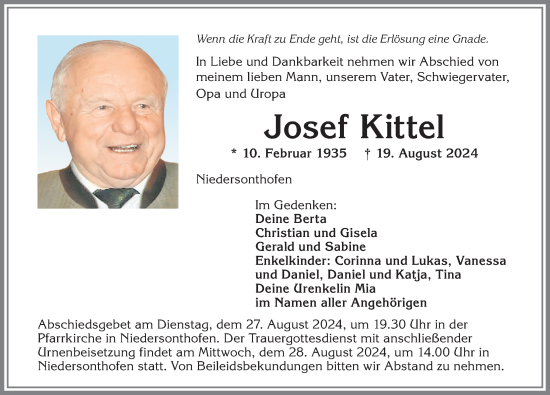 Traueranzeige von Josef Kittel von Allgäuer Anzeigeblatt