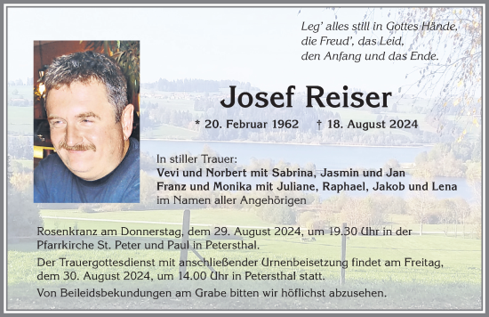Traueranzeige von Josef Reiser von Allgäuer Zeitung,Kempten