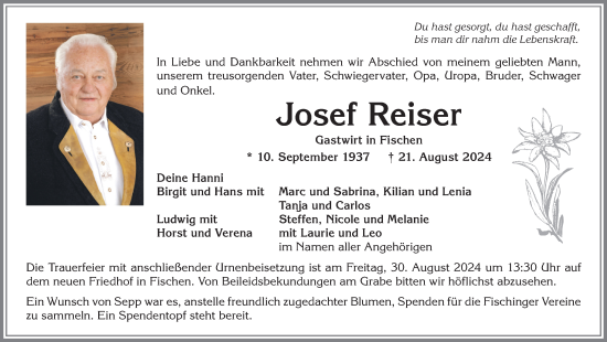 Traueranzeige von Josef Reiser von Allgäuer Anzeigeblatt