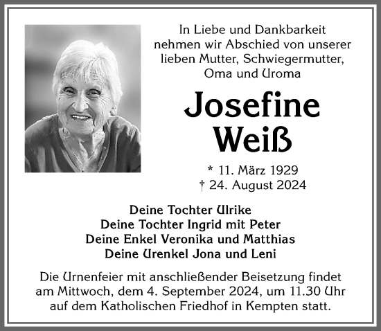 Traueranzeige von Josefine Weiß von Allgäuer Zeitung,Kempten