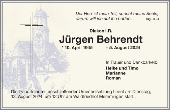 Traueranzeige von Jürgen Behrendt von Memminger Zeitung
