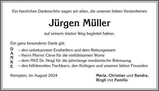 Traueranzeige von Jürgen Müller von Allgäuer Zeitung,Kempten