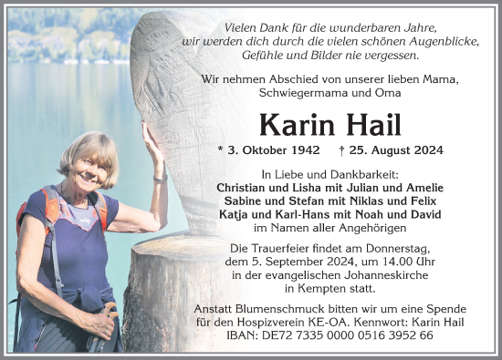 Traueranzeige von Karin Hail von Allgäuer Zeitung,Kempten