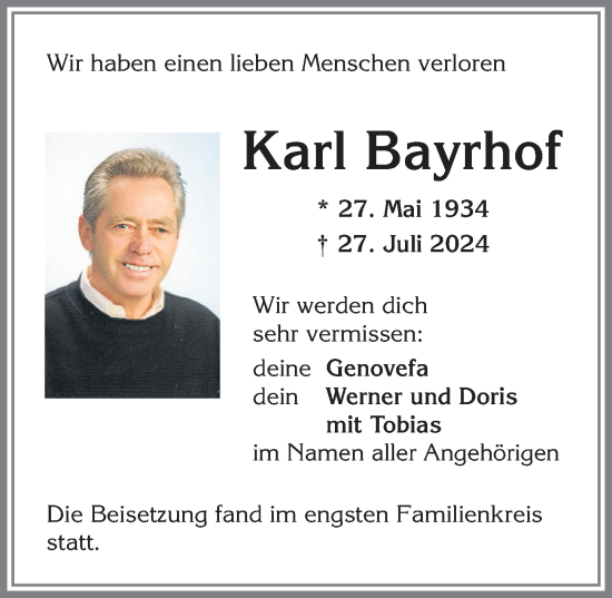 Traueranzeige von Karl Bayrhof von Allgäuer Zeitung,Kempten