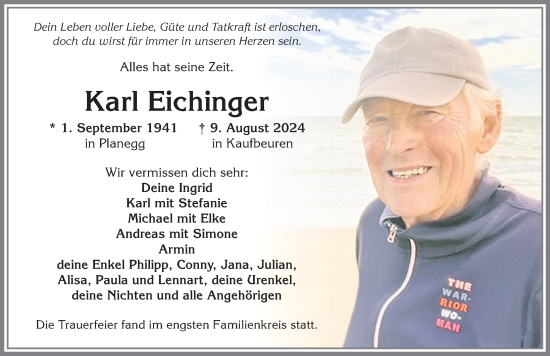 Traueranzeige von Karl Eichinger von Allgäuer Zeitung, Kaufbeuren/Buchloe