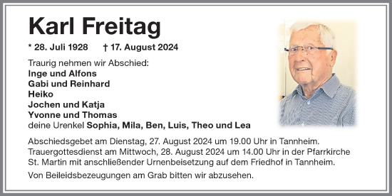 Traueranzeige von Karl Freitag von Memminger Zeitung