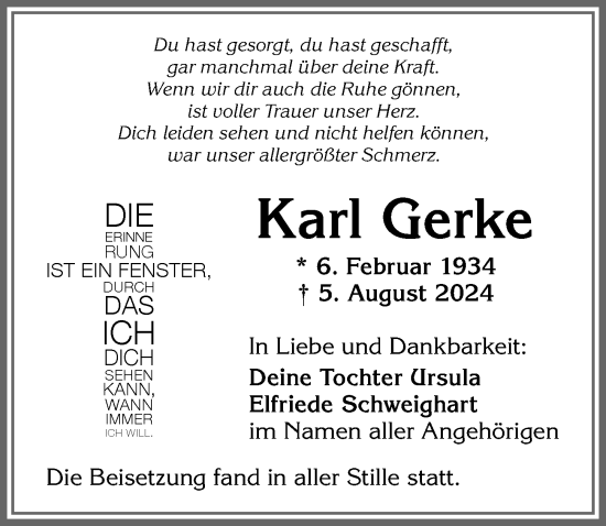 Traueranzeige von Karl Gerke von Allgäuer Zeitung,Kempten