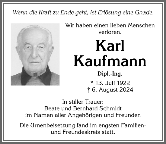 Traueranzeige von Karl Kaufmann von Allgäuer Zeitung,Kempten