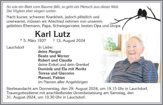 Traueranzeige von Karl Lutz von Augsburger Allgemeine, Mindelheimer Zeitung