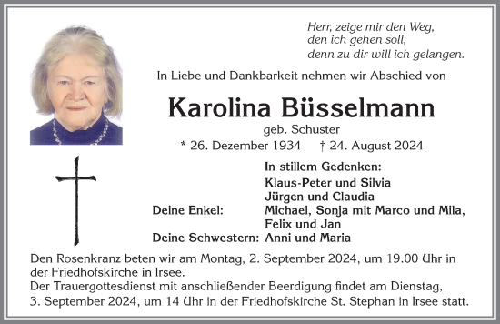 Traueranzeige von Karolina Büsselmann von Allgäuer Zeitung, Kaufbeuren/Buchloe