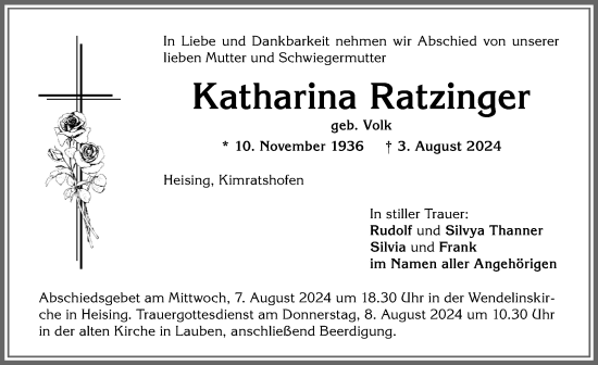 Traueranzeige von Katharina Ratzinger von Allgäuer Zeitung,Kempten