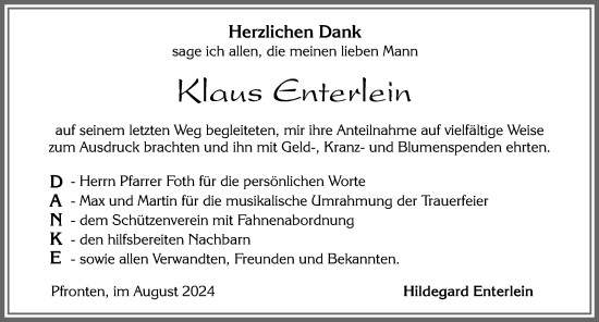 Traueranzeige von Klaus Enterlein von Allgäuer Zeitung, Füssen