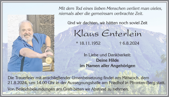 Traueranzeige von Klaus Enterlein von Allgäuer Zeitung, Füssen