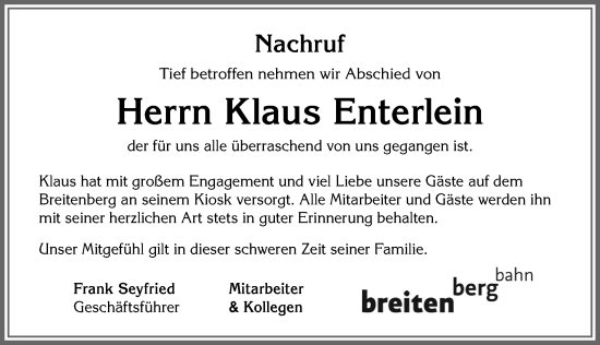 Traueranzeige von Klaus Enterlein von Allgäuer Zeitung, Füssen