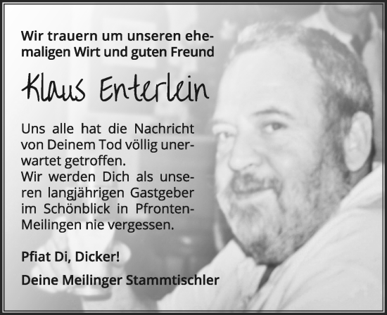 Traueranzeige von Klaus Enterlein von Allgäuer Zeitung, Füssen