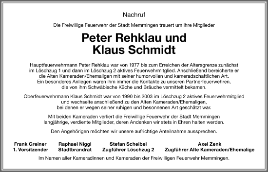 Traueranzeige von Klaus Schmidt von Memminger Zeitung