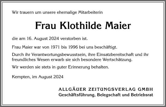 Traueranzeige von Klothilde Maier von Allgäuer Zeitung,Kempten