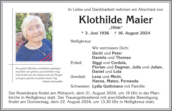 Traueranzeige von Klothilde Maier von Allgäuer Zeitung,Kempten