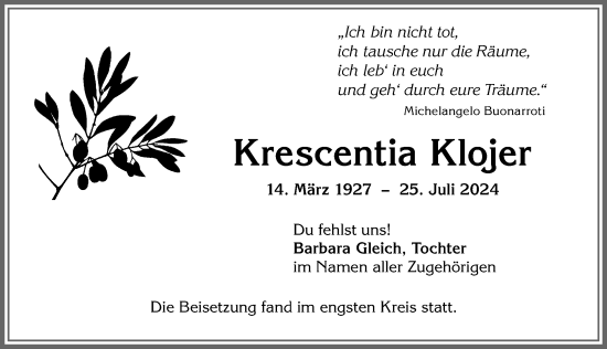 Traueranzeige von Krescentia Klojer von Allgäuer Zeitung,Kempten