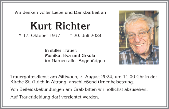 Traueranzeige von Kurt Richter von Allgäuer Zeitung, Marktoberdorf