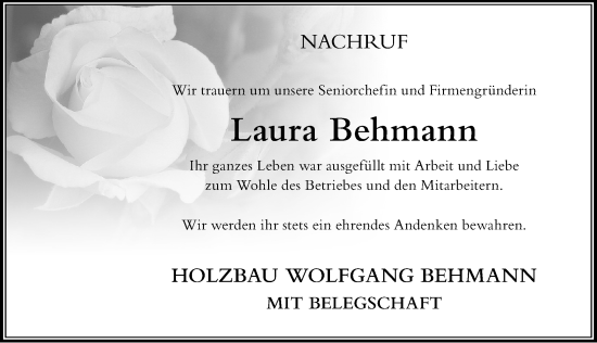 Traueranzeige von Laura Behmann von Der Westallgäuer