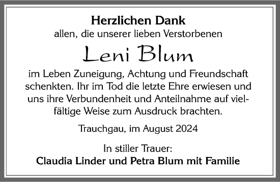 Traueranzeige von Leni Blum von Allgäuer Zeitung, Füssen