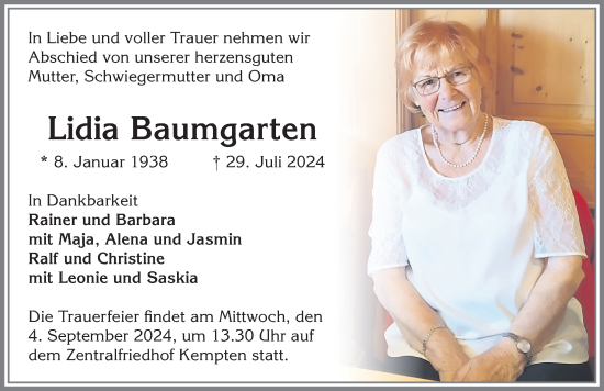 Traueranzeige von Lidia Baumgarten von Allgäuer Zeitung,Kempten