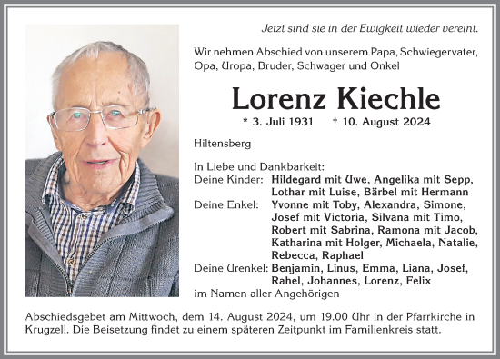 Traueranzeige von Lorenz Kiechle von Allgäuer Zeitung,Kempten