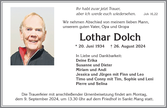 Traueranzeige von Lothar Dolch von Allgäuer Zeitung,Kempten