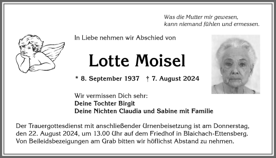 Traueranzeige von Lotte Moisel von Allgäuer Anzeigeblatt
