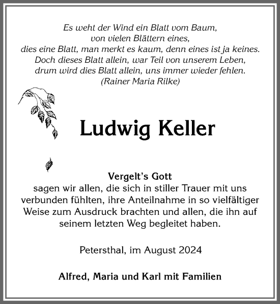 Traueranzeige von Ludwig Keller von Allgäuer Zeitung,Kempten
