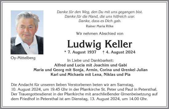 Traueranzeige von Ludwig Keller von Allgäuer Anzeigeblatt