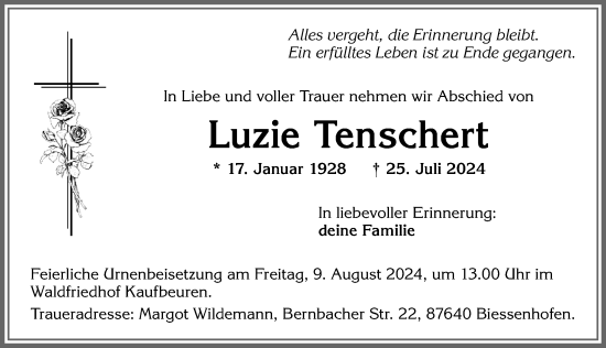 Traueranzeige von Luzie Tenschert von Allgäuer Zeitung, Kaufbeuren/Buchloe