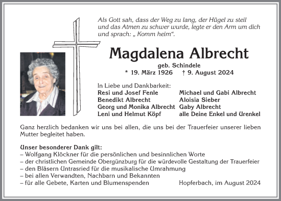 Traueranzeige von Magdalena Albrecht von Allgäuer Zeitung, Marktoberdorf