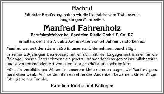 Traueranzeige von Manfred Fahrenholz von Memminger Zeitung
