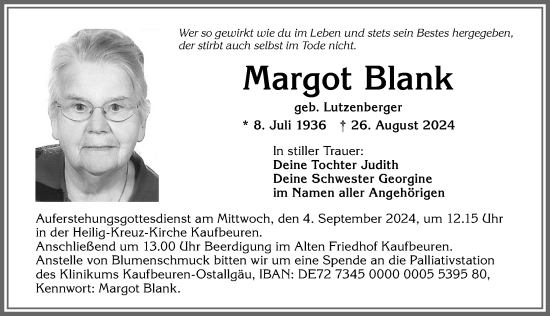 Traueranzeige von Margot Blank von Allgäuer Zeitung, Kaufbeuren/Buchloe