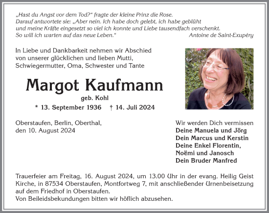 Traueranzeige von Margot Kaufmann von Allgäuer Anzeigeblatt