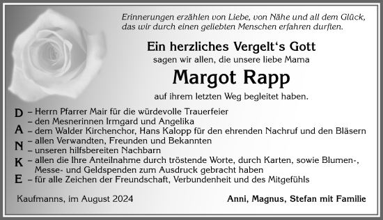 Traueranzeige von Margot Rapp von Allgäuer Zeitung, Marktoberdorf