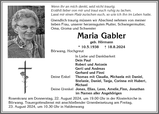 Traueranzeige von Maria Gabler von Allgäuer Zeitung,Kempten
