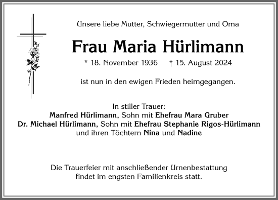 Traueranzeige von Maria Hürlimann von Allgäuer Anzeigeblatt