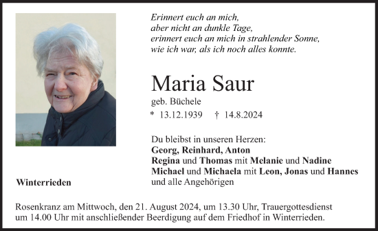 Traueranzeige von Maria Saur von Memminger Zeitung