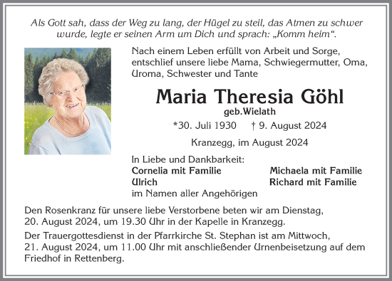 Traueranzeige von Maria Theresia Göhl von Allgäuer Anzeigeblatt