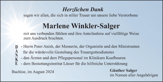 Traueranzeige von Marlene Winkler-Salger von Allgäuer Zeitung, Kaufbeuren/Buchloe