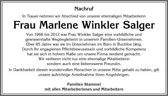 Traueranzeige von Marlene Winkler Salger von Allgäuer Zeitung, Kaufbeuren/Buchloe