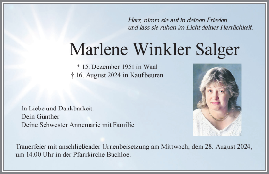 Traueranzeige von Marlene Winkler Salger von Allgäuer Zeitung, Kaufbeuren/Buchloe